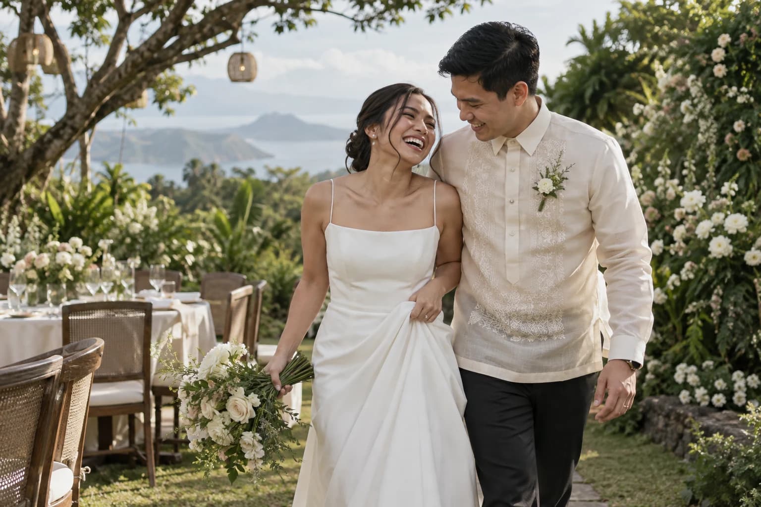 A bride and groom laughing together at a garden wedding