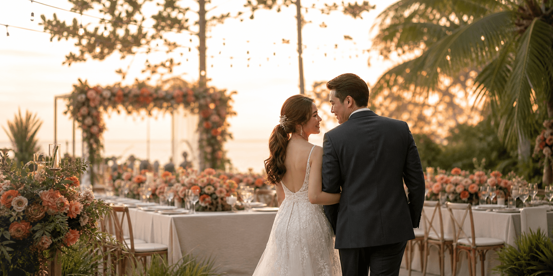 A couple sharing a moment at a garden wedding reception